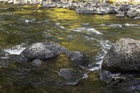 rocks on the water are seen with the light shining in the background below them on the ground