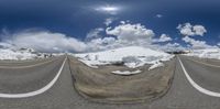 a split up image showing snow, mountains and a sky with clouds in it the road looks to be covered in snow