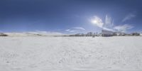 the sun shines brightly in this empty snow field, with a horse resting on its trough