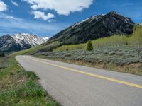 the road is paved with yellow markings and has a snowy mountain range in the background