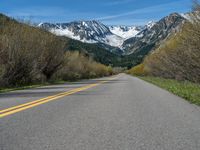 the road is paved with yellow markings and has a snowy mountain range in the background