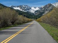 the road is paved with yellow markings and has a snowy mountain range in the background