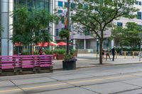 a bench is painted in pink and purple in the middle of an empty city street