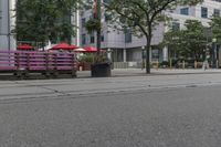 a bench is painted in pink and purple in the middle of an empty city street