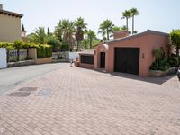 an driveway of many colors that is bordered by palm trees and brick tiles, and some small plants in front of the garage