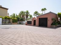 an driveway of many colors that is bordered by palm trees and brick tiles, and some small plants in front of the garage