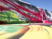 a multi - colored graffiti painting covering an old train car on tracks near a sidewalk