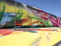 a multi - colored graffiti painting covering an old train car on tracks near a sidewalk