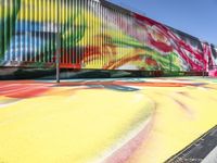 a multi - colored graffiti painting covering an old train car on tracks near a sidewalk