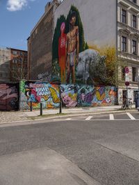 a colorful graffiti is on the side of a building in an intersection with cars and a van