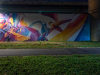 a colorful painted mural next to the street light at night in a building underpass