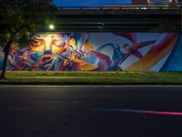 a street light in front of a colorful mural on the wall of an underpass