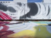 colorful painting in front of a building with a fence and a parking lot area under it