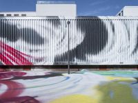 colorful painting in front of a building with a fence and a parking lot area under it