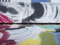 colorful painting in front of a building with a fence and a parking lot area under it