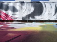 colorful painting in front of a building with a fence and a parking lot area under it