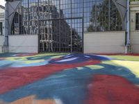 a large colorful patch of paint is placed on the floor of an industrial building near an arch