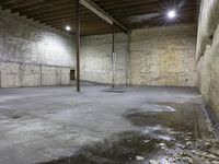 large empty concrete room with exposed ceiling and beams, showing fire hydrant outside, exposed wall behind