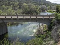 a view from a bridge overlooking trees and a mountain range of hills behind a bridge