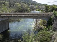 a view from a bridge overlooking trees and a mountain range of hills behind a bridge