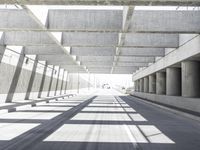 a concrete bridge over looking a city area, with large columns underneath the bridge and an open walkway on either side