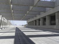 a concrete bridge over looking a city area, with large columns underneath the bridge and an open walkway on either side