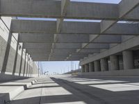 a concrete bridge over looking a city area, with large columns underneath the bridge and an open walkway on either side