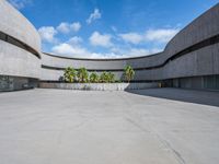 a concrete building with palm trees and white clouds in the background over an empty parking lot