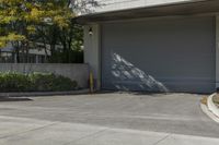 a gray garage is shown with its doors open and a fire hydrant in the driveway