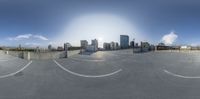 a 360 - view photograph of the sun through a fisheye lens in front of a city