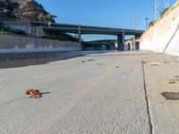 a puddle of water sits on a city road near an overpassing bridge and a man with a backpack