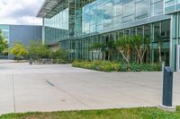 an outdoor area with lawn and shrubs near the building to the left of it is surrounded by glass windows