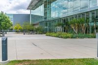 an outdoor area with lawn and shrubs near the building to the left of it is surrounded by glass windows