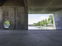 a concrete tunnel in the middle of a park with water running down it and trees around