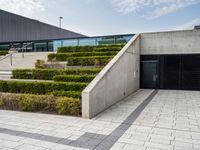 there is an open space with steps and plants on either side of the building as well