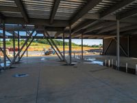 an indoor warehouse on the side of a large lot under construction for a new business