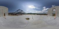 a view from a 360 - camera at construction site with multiple levels in the sky