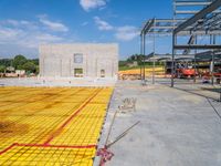 a large open room and construction area with yellow tape around it that has concrete and steel fencing