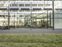 the building has glass walls and a sidewalk with green grass in it outside of it