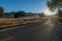 the sun shines over a country road in the countryside near tall grass and trees