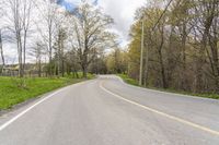 an empty country road runs along the woods on either side of the road, in the center of a forested area with trees