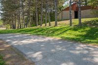 a country road with trees on either side and a grassy hill behind it at the side