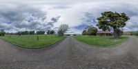 a street view of a countryside with a tree and a house in the background, and a two lane street intersection on the left side