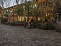 a couple walking outside of a store next to plants and trees on the street,