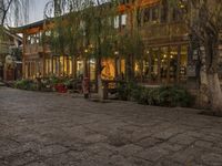 a couple walking outside of a store next to plants and trees on the street,