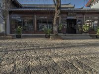 there is a courtyard in china outside an older building and a tree in front of it