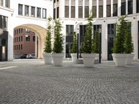 a courtyard in a building with pots on either side of it that are sitting beside each other