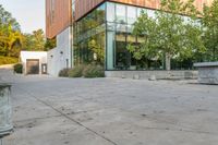 the courtyard features concrete, plants and a fire hydrant surrounded by trees and glass windows