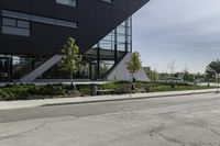 the asphalt is cracked and in between a building and trees on either side of the building