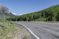 the paved road passes a wide valley with lots of green trees along it and tall mountains in the distance